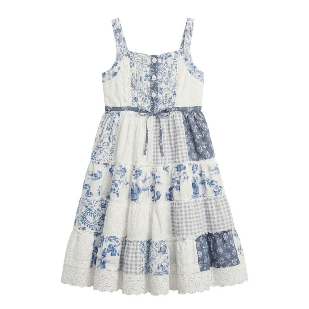 Cutey Couture Kids Blue White Patchwork Tiered Eyelet Dress Floral Gingham